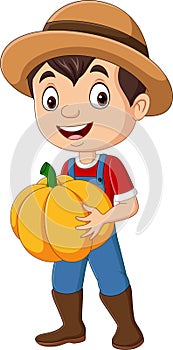 Cartoon farmer boy holding pumpkin