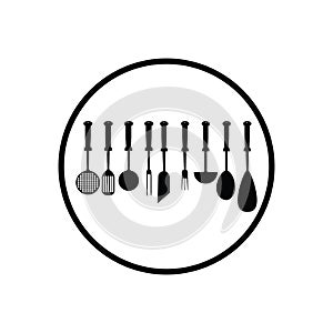 Kitchen and cooking vector icons in a circle: Knife, ax, fork, spoon