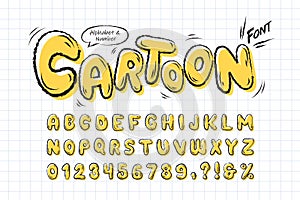 Yellow cartoon font or comic doodle alphabet & number set photo