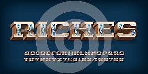 Riches alphabet font. 3D ornate letters and numbers with gem insert. photo