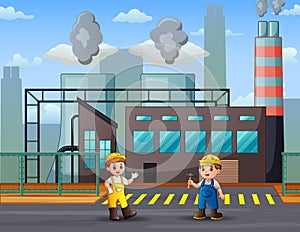 Construction workers are standing in front the building