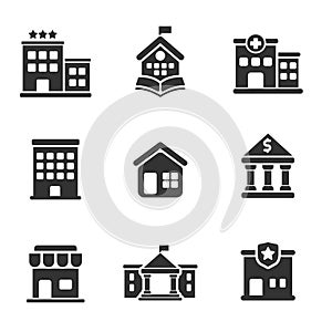 Set of buildings icon in black color