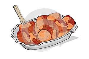 Cartoon illustration of the German specialty Currywurst