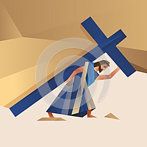 Biblical vector illustration. Way of the Cross or Stations of the Cross, Jesus carry his cross photo