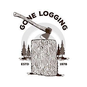 Axe and wood logging vector illustration in hand drawn style logo design