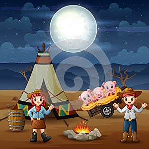 Cowboy and cowgirl and pigs at campsite at night