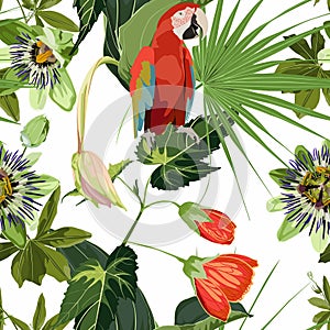 Seamless tropical palm leaves, flowers, red ara parrot bird. Jungle leaves  floral pattern on white background.