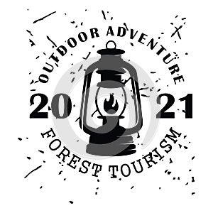 Camping logo with lantern Vintage emblem forest