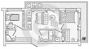 Vector floor plan. Architectural project of interior house. Set of thin line furniture icons for top view plans.