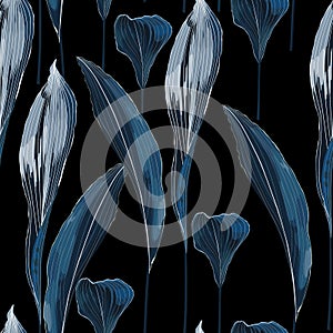 Exotic blue bright leaves seamless pattern on black background.