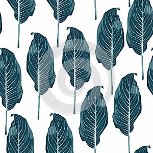 Exotic blue bright leaves seamless pattern on white background.