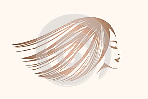 Beauty salon, hair studio, makeup, spa illustration. Beautiful, attractive woman with long, wavy hairstyle. Rose gold color.