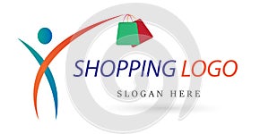 Active shopping happy customer and bag. online purchase store super market delivery service logo vector.