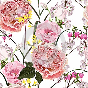 Seamless floral pattern with  pink roses flowers and sakura branch,pink heart on white background.