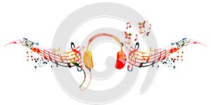 Colorful musical notes staff and headphones. Musical poster for mental wellbeing, listening music, relaxing, having fun, celebra