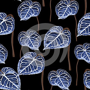 Exotic blue bright leaves seamless pattern on black background.