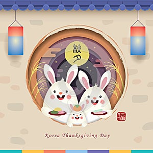 Chuseok Korean Thanksgiving Day - cartoon rabbit family with songpyeon, persimmon & hangwa photo