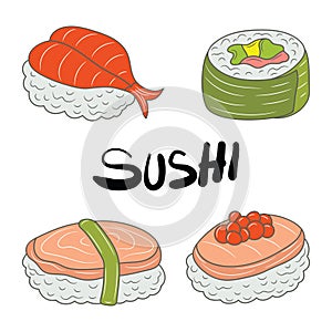 Simple Sushi food vector illustration, colored linear style