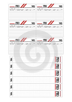 VHS format videotape stickers on the top cover and on the rib of the cassette.
