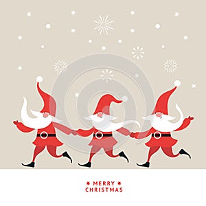 Three cute funny Gnomes . Christmas greeting card.