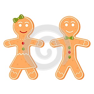 Gingerbread man and girl character, Christmas cookie. Cartoon vector illustration