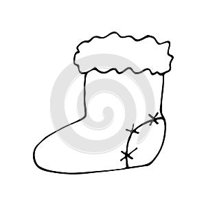 Doodle warm winter shoes. Vector cartoon illustration of felt boots, traditional Russian valenki for winter time.