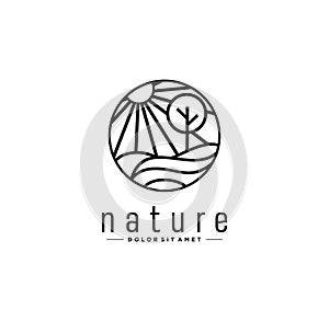 Abstract minimalist Line Sun and Tree Nature Logo landscpae. sunset tree logo vector illustration design line art simple badge