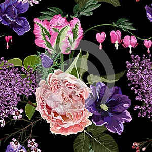 Seamless floral pattern with pink roses and violet lilac and anemones flowers on black background.