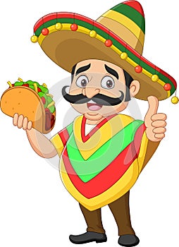 Cartoon mexican man holding taco and giving thumb up