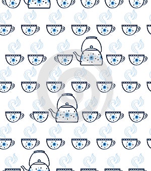 Seamless pattern with hand drawn with teapots and teacups.