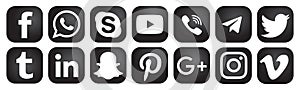 Set of popular social media logos icons Instagram Facebook Twitter YouTube WhatsApp Pinterest LinkedIn element vector.