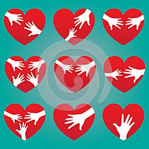 Helping hands and heart icons logo vector design.