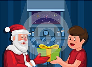 Santa Claus giving gift box to boy in christmas night winter season cartoon illustration vector