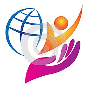 World man care active success business people global company logo vector icon on transparent background.