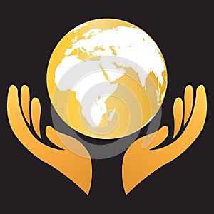 Gold earth globe world save caring hands global company business industries logo vector design on black background.