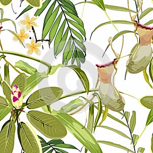Tropical seamless pattern. Summer print. Jungle rainforest. Nepenthes, genus of carnivorous plants.