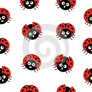 Ladybugs seamless pattern. Ladybirds insects flying with big eyes.