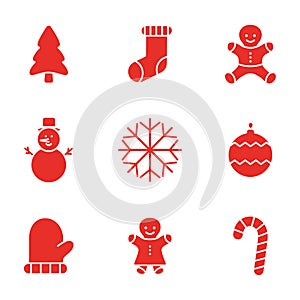 Christmas red symbols icons set. Winter toys collection.