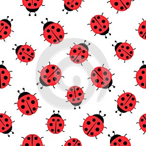 Ladybugs cute characters seamless pattern. Ladybirds insects flying with open wings.