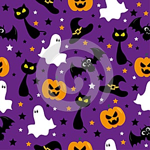 Halloween seamless pattern  design with ghost, bat, pumpkin, witch hat and black cat, on purple background.