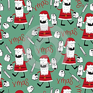 Xmas seamless pattern - Santa Claus in face mask, with toilet papers, and vaccine.