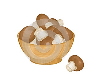 Mushrooms in wooden bowl isolated on white background. Champignons Vector illustration.