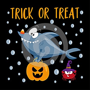 Trick or treat - funny cartoon shark with pumpkin bag , and candy corn.