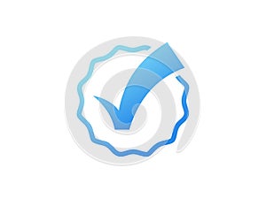 Modern Approved Icon. White Arrow Check Mark with Blue Circle Shape Sparkle Star Sticker Label isolated on White Background. Flat