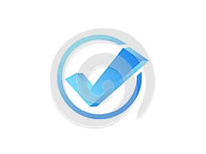 Modern Approved Icon. White Arrow Check Mark with Blue Circle Shape Sparkle Star Sticker Label isolated on White Background. Flat