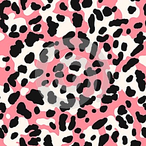 Abstract leopard pattern. Trendy seamless vector print. Animal texture. Black spots on pink background. Cheetah skin