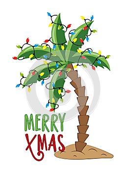 Merry Xmas - Palm tree decorated with Christmas lights garland,  isolated on white background