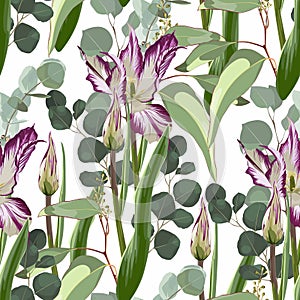 Vintage floral seamless background pattern. Beautiful tulips flower with eucaliptus on white background.