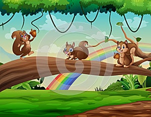 Cute three squirrels cartoon on a tree trunk