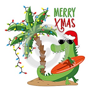 Merry xmas - funny Santa crocodile with surfboard, in island and palm tree